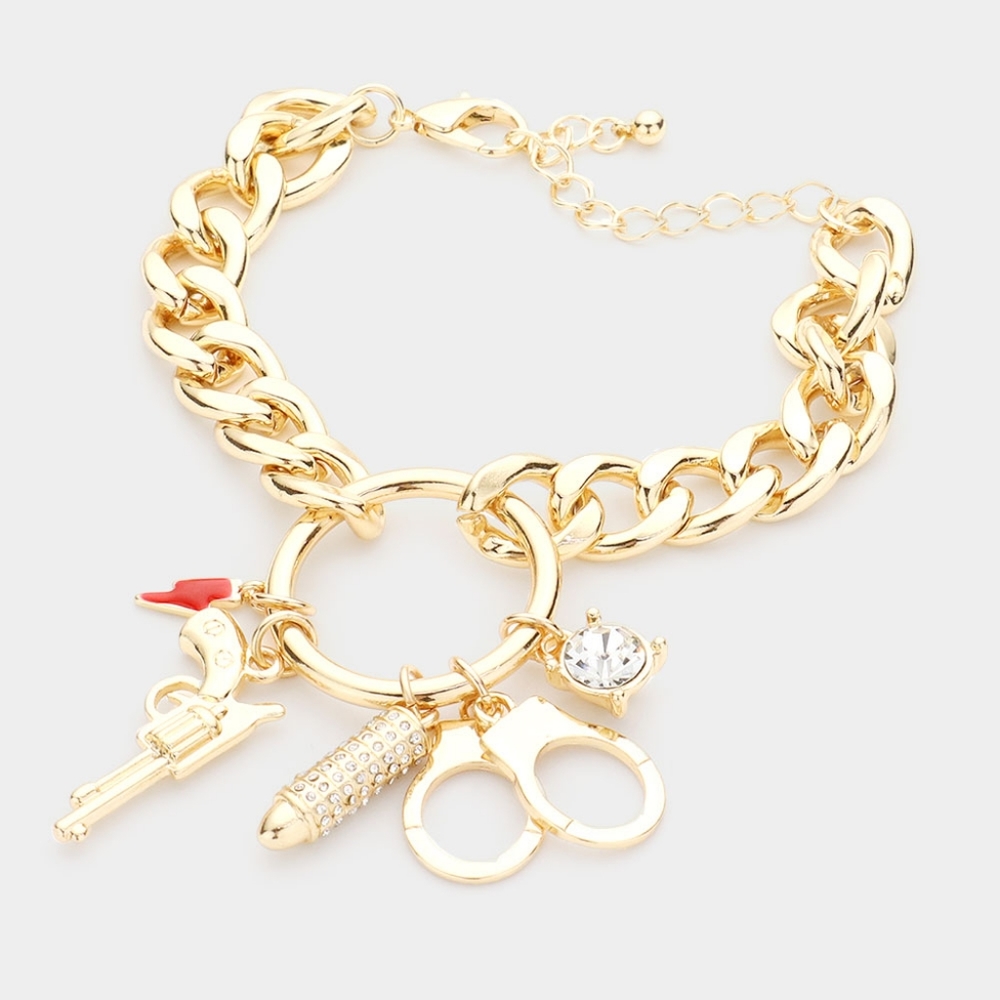 Gold Multi Charm Handcuff Bullets Gun Bracelet Fashion Statement Accessories